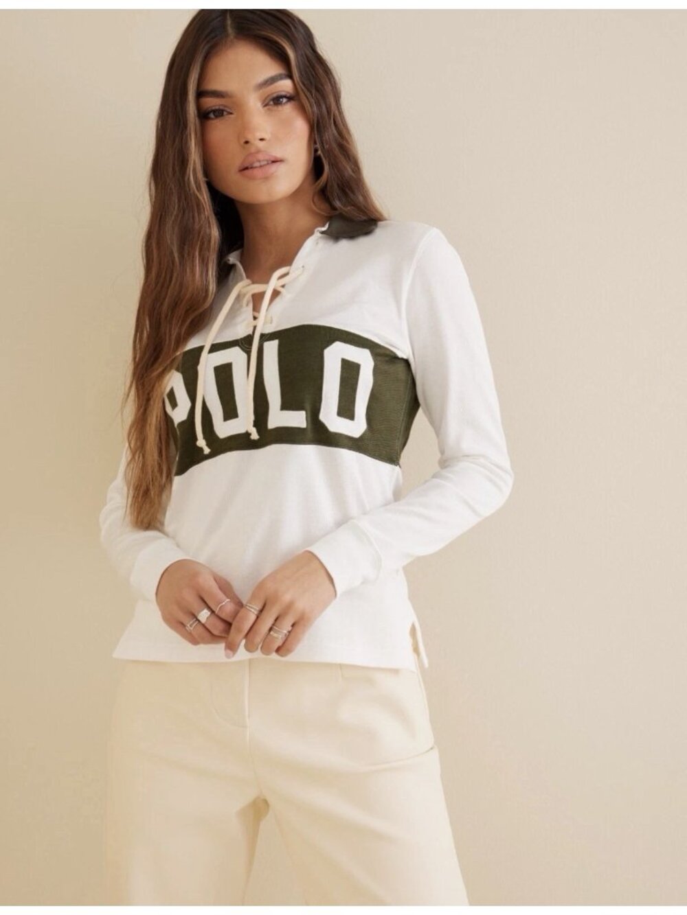 Polo Ralph Lauren Denim and Supply women Green Logo Lace-Up Jersey Shirt Size M